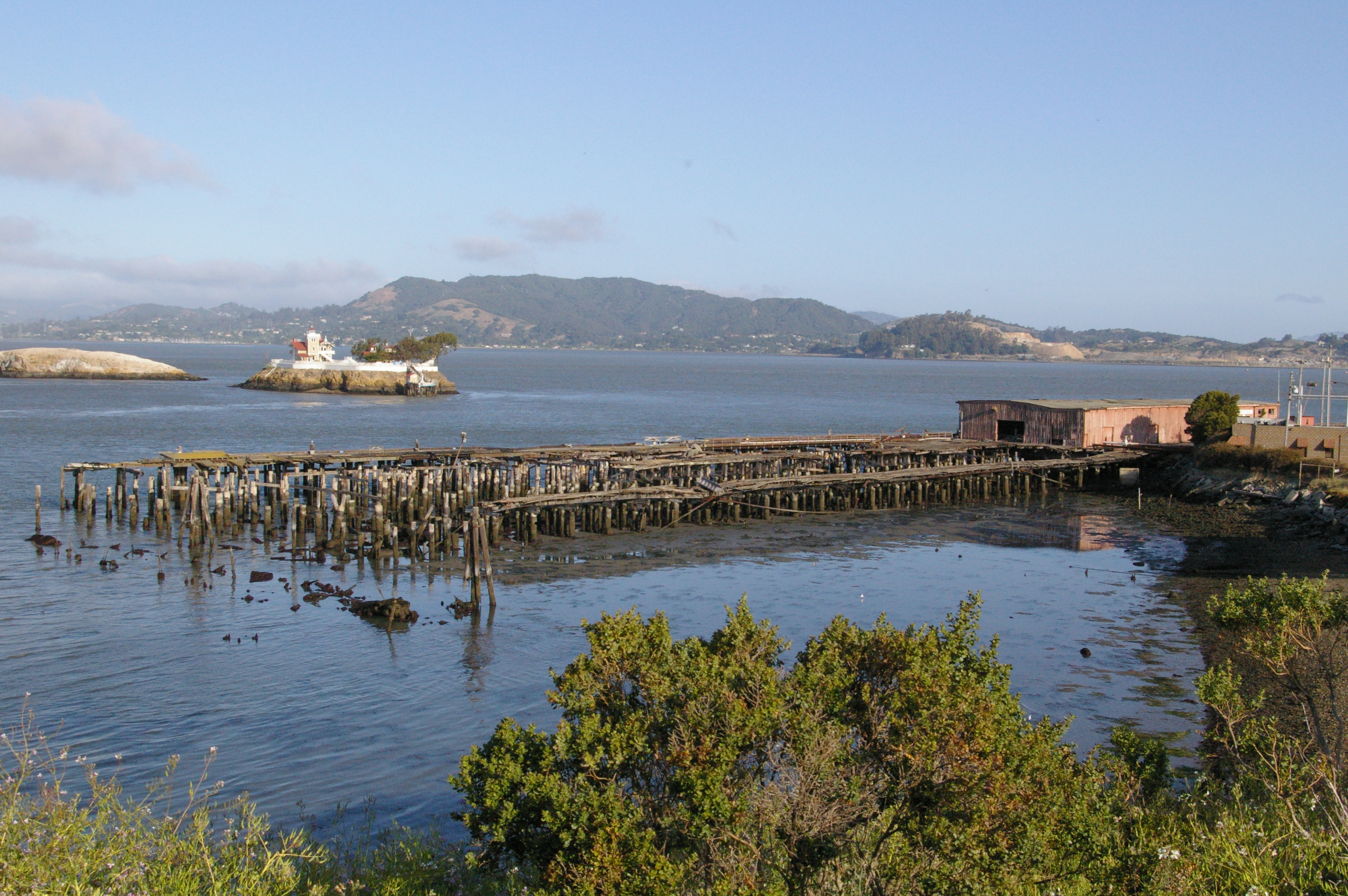 A wooden pier jets out from the water in the San Francisco bay. 